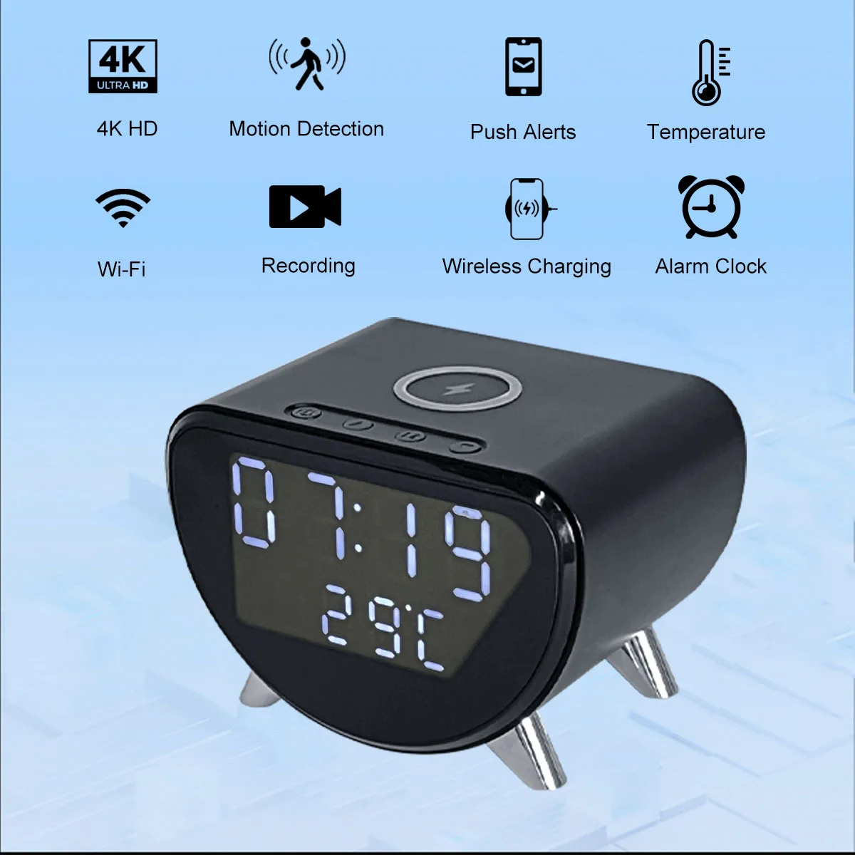 4K WiFi Clock Camera with Wireless Charging, Motion Detection, Loop Recording, Remote Viewing & App Control for Home Security - Image 2
